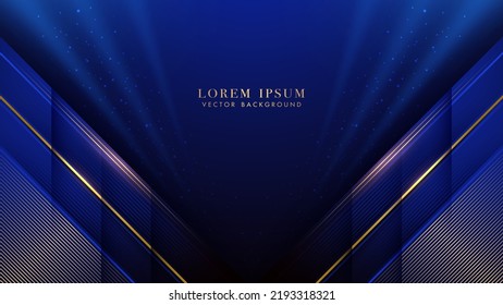 Diagonal golden and blue lines with shiny dots effect decoration on dark blue luxury background. Elegant style design template concept. Vector illustration