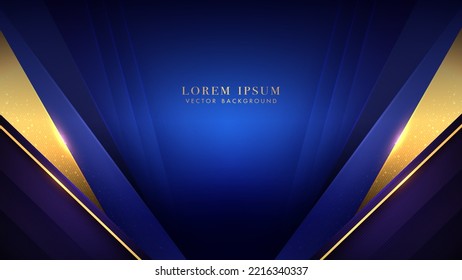 Diagonal golden lines with blue triangle layers, sparkle glow and lines stripe. luxury background style design concept. Vector illustration