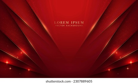 Diagonal golden lines, gold glowing lines, light beam and glitter light effects element decoration on red background. Luxury style vector design