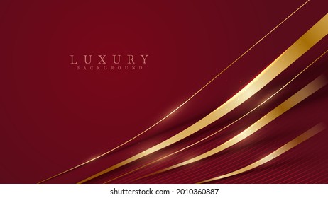 Diagonal golden lines sparkle on red luxury background, cover design modern concept, vector illustration.