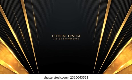 Forma diagonal dorada y líneas con efectos brillantes de decoración de elementos sobre fondo negro. Diseño vectorial de lujo