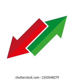 Diagonal green and red arrow. Down and up. Navigation background. Direction sign. Vector illustration. Stock image. 