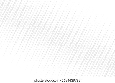 Diagonale graue Halbtonmuster auf weißem BG. Quadratische geometrische Pixel, Vektorgeschwindigkeit verblassen. Digitale Textur mit abstraktem Teilchenraster-Gradienten. Abstrakter Hintergrund für Design Comic Prints. Vektorgrafik