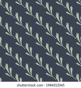 Diagonal grey striped seamless pattern with floral leaves branches print. Navy blue background. Designed for fabric design, textile print, wrapping, cover. Vector illustration.