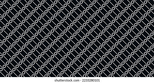 Diagonal grid of stripes and round rings. Print and stylish interior design. Seamless vector decor pattern.