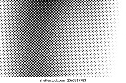 Diagonal halftone pattern with black dots creating a gradient effect on a white background, showing dense to sparse arrangement.