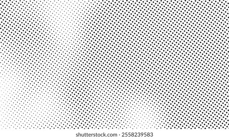 Diagonal halftone pattern design featuring black dots on a white background creating a dynamic visual gradient. Vector noise gradient.