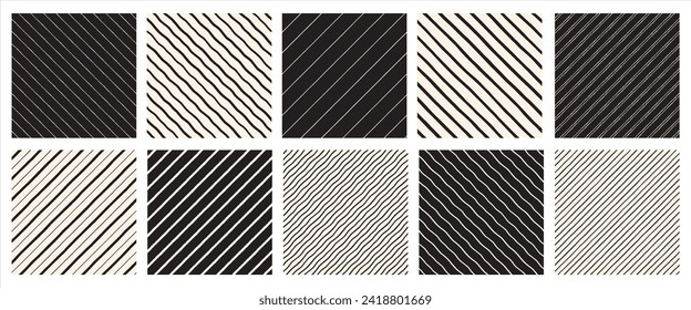 Diagonal hand drawn stripes, pinstripes, streaks seamless patterns set. Oblique, tilted chalk crayon lines, inclined strokes, uneven bars backgrounds. Striped dynamic black white endless textures.