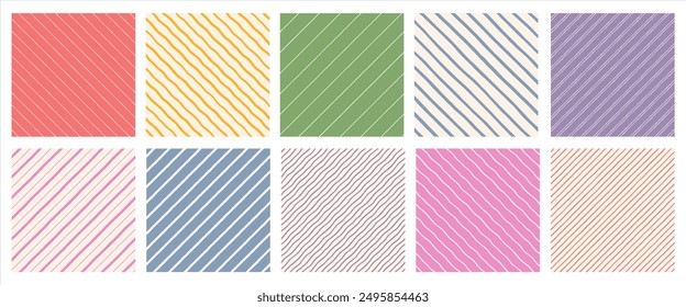 Diagonal hand drawn stripes, pinstripes, doodle streaks seamless patterns set. Oblique, tilted chalk crayon lines, inclined strokes, uneven bars backgrounds. Striped dynamic endless fabric templates.