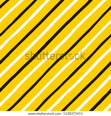 Diagonal hand drawn uneven doodle stripes, streaks seamless repeat background, pattern. Tilted parallel lines, inclined strips, bars template. Striped dynamic endless black, white, yellow texture.