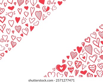 Diagonal heart border design with red doodles on white background