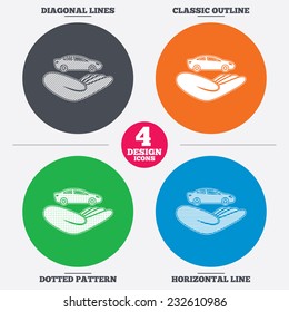 Diagonal and horizontal lines, classic outline, dotted texture. Car insurance sign icon. Hand holds transport. Protection vehicle from damage and accidents. Pattern circles. Vector