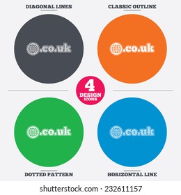Diagonal and horizontal lines, classic outline, dotted texture. Domain CO.UK sign icon. UK internet subdomain symbol with globe. Pattern circles. Vector