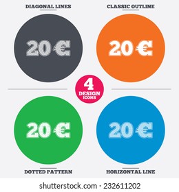 Diagonal and horizontal lines, classic outline, dotted texture. 20 Euro sign icon. EUR currency symbol. Money label. Pattern circles. Vector