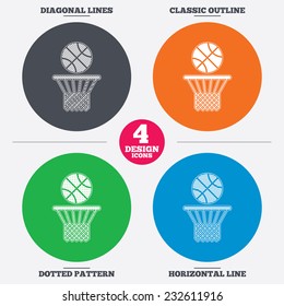 Diagonal and horizontal lines, classic outline, dotted texture. Basketball basket and ball sign icon. Sport symbol. Pattern circles. Vector