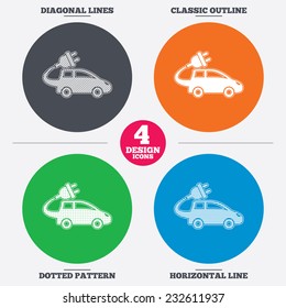 Diagonal and horizontal lines, classic outline, dotted texture. Electric car sign icon. Hatchback symbol. Electric vehicle transport. Pattern circles. Vector