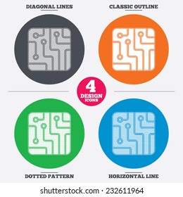 Diagonal and horizontal lines, classic outline, dotted texture. Circuit board sign icon. Technology scheme square symbol. Pattern circles. Vector