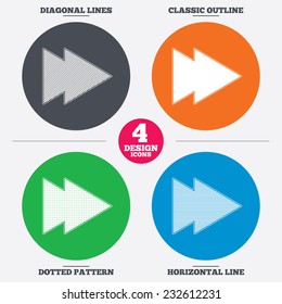 Diagonal and horizontal lines, classic outline, dotted texture. Arrow sign icon. Next button. Navigation symbol. Pattern circles. Vector