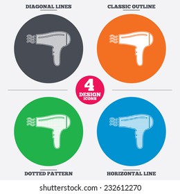 Diagonal and horizontal lines, classic outline, dotted texture. Hairdryer sign icon. Hair drying symbol. Blowing hot air. Turn on. Pattern circles. Vector