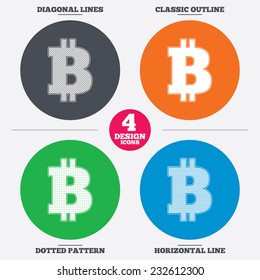 Diagonal and horizontal lines, classic outline, dotted texture. Bitcoin sign icon. Cryptography currency symbol. P2P. Pattern circles. Vector