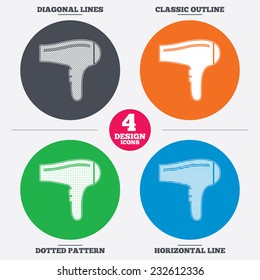 Diagonal and horizontal lines, classic outline, dotted texture. Hairdryer sign icon. Hair drying symbol. Pattern circles. Vector