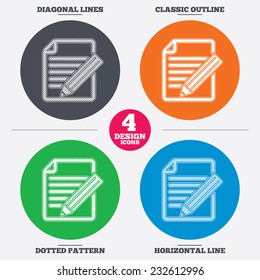 Diagonal and horizontal lines, classic outline, dotted texture. Edit document sign icon. Edit content button. Pattern circles. Vector