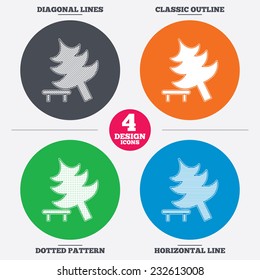 Diagonal and horizontal lines, classic outline, dotted texture. Falling tree sign icon. Caution break down christmas tree symbol. Pattern circles. Vector