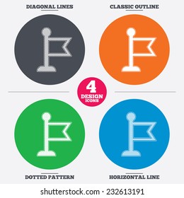 Diagonal and horizontal lines, classic outline, dotted texture. Flag pointer sign icon. Location marker symbol. Pattern circles. Vector