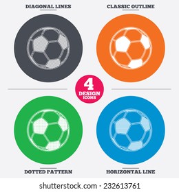 Diagonal and horizontal lines, classic outline, dotted texture. Football ball sign icon. Soccer Sport symbol. Pattern circles. Vector