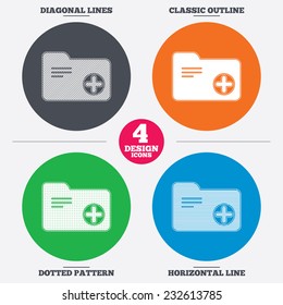 Diagonal and horizontal lines, classic outline, dotted texture. Add document folder sign. Accounting binder symbol. Bookkeeping management. Pattern circles. Vector