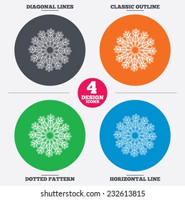 Diagonal and horizontal lines, classic outline, dotted texture. Snowflake artistic sign icon. Christmas and New year winter symbol. Air conditioning symbol. Pattern circles. Vector