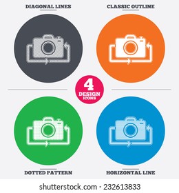Diagonal and horizontal lines, classic outline, dotted texture. Front photo camera sign icon. Digital photo camera symbol. Change front to back. Pattern circles. Vector