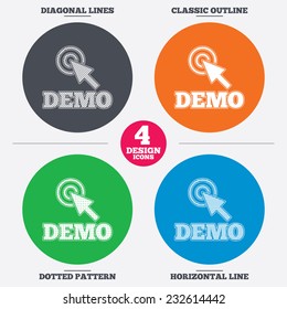 Diagonal and horizontal lines, classic outline, dotted texture. Demo with cursor sign icon. Demonstration symbol. Pattern circles. Vector