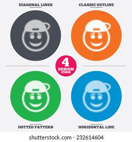 Diagonal and horizontal lines, classic outline, dotted texture. Smile rapper face sign icon. Happy smiley with hairstyle chat symbol. Pattern circles. Vector
