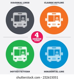 Diagonal and horizontal lines, classic outline, dotted texture. Bus sign icon. Public transport with driver symbol. Pattern circles. Vector