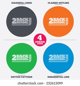 Diagonal and horizontal lines, classic outline, dotted texture. Back to school sign icon. Back 2 school pencil symbol. Pattern circles. Vector