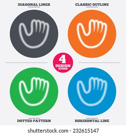 Diagonal and horizontal lines, classic outline, dotted texture. Baseball glove or mitt sign icon. Sport symbol. Pattern circles. Vector