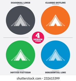 Diagonal and horizontal lines, classic outline, dotted texture. Tourist tent sign icon. Camping symbol. Pattern circles. Vector