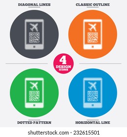 Diagonal and horizontal lines, classic outline, dotted texture. Boarding mobile pass flight sign icon. Airport ticket on smartphone symbol. Pattern circles. Vector