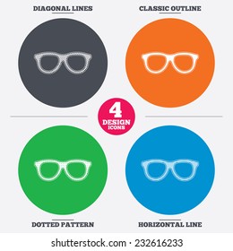 Diagonal and horizontal lines, classic outline, dotted texture. Retro glasses sign icon. Eyeglass frame symbol. Pattern circles. Vector