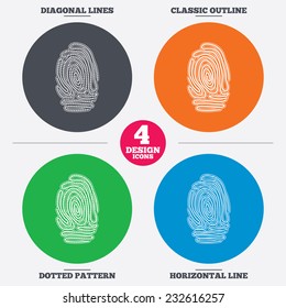 Diagonal and horizontal lines, classic outline, dotted texture. Fingerprint sign icon. Identification or authentication symbol. Pattern circles. Vector