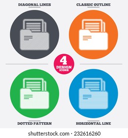 Diagonal and horizontal lines, classic outline, dotted texture. Document folder sign. Accounting binder symbol. Bookkeeping management. Pattern circles. Vector