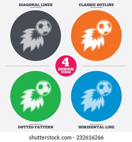 Diagonal and horizontal lines, classic outline, dotted texture. Football fireball sign icon. Soccer Sport symbol. Pattern circles. Vector