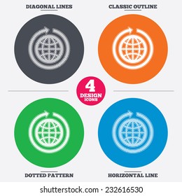 Diagonal and horizontal lines, classic outline, dotted texture. Globe sign icon. Round the world arrow symbol. Full rotation. Pattern circles. Vector