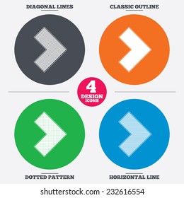 Diagonal and horizontal lines, classic outline, dotted texture. Arrow sign icon. Next button. Navigation symbol. Pattern circles. Vector
