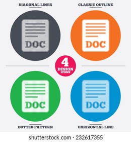 Diagonal and horizontal lines, classic outline, dotted texture. File document icon. Download doc button. Doc file symbol. Pattern circles. Vector