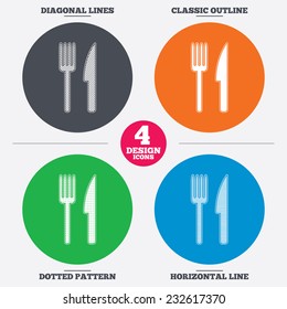 Diagonal and horizontal lines, classic outline, dotted texture. Eat sign icon. Cutlery symbol. Fork and knife. Pattern circles. Vector