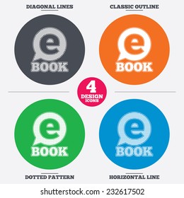Diagonal and horizontal lines, classic outline, dotted texture. E-Book sign icon. Electronic book symbol. Ebook reader device. Pattern circles. Vector