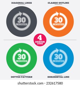 Diagonal and horizontal lines, classic outline, dotted texture. Every 30 minutes sign icon. Full rotation arrow symbol. Pattern circles. Vector