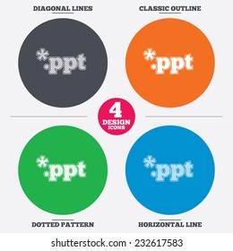 Diagonal and horizontal lines, classic outline, dotted texture. File presentation icon. Download PPT button. PPT file extension symbol. Pattern circles. Vector